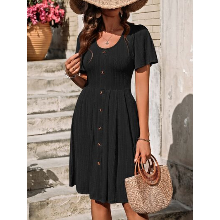 Decorative Button Scoop Neck Short Sleeve Dress Black / S Apparel and Accessories