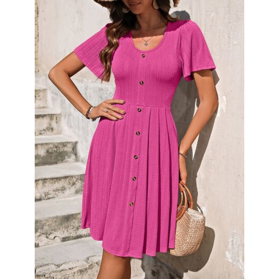 Decorative Button Scoop Neck Short Sleeve Dress Deep Rose / S Apparel and Accessories