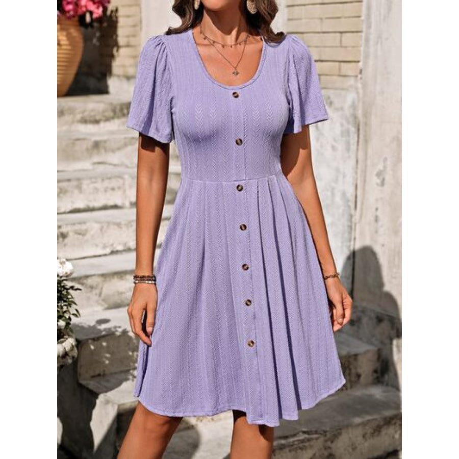 Decorative Button Scoop Neck Short Sleeve Dress Lavender / S Apparel and Accessories