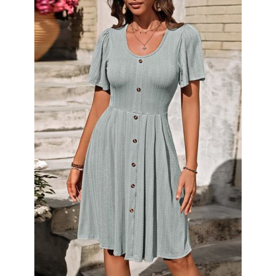 Decorative Button Scoop Neck Short Sleeve Dress Sage / S Apparel and Accessories