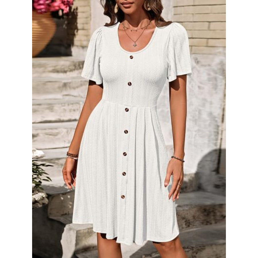 Decorative Button Scoop Neck Short Sleeve Dress White / S Apparel and Accessories