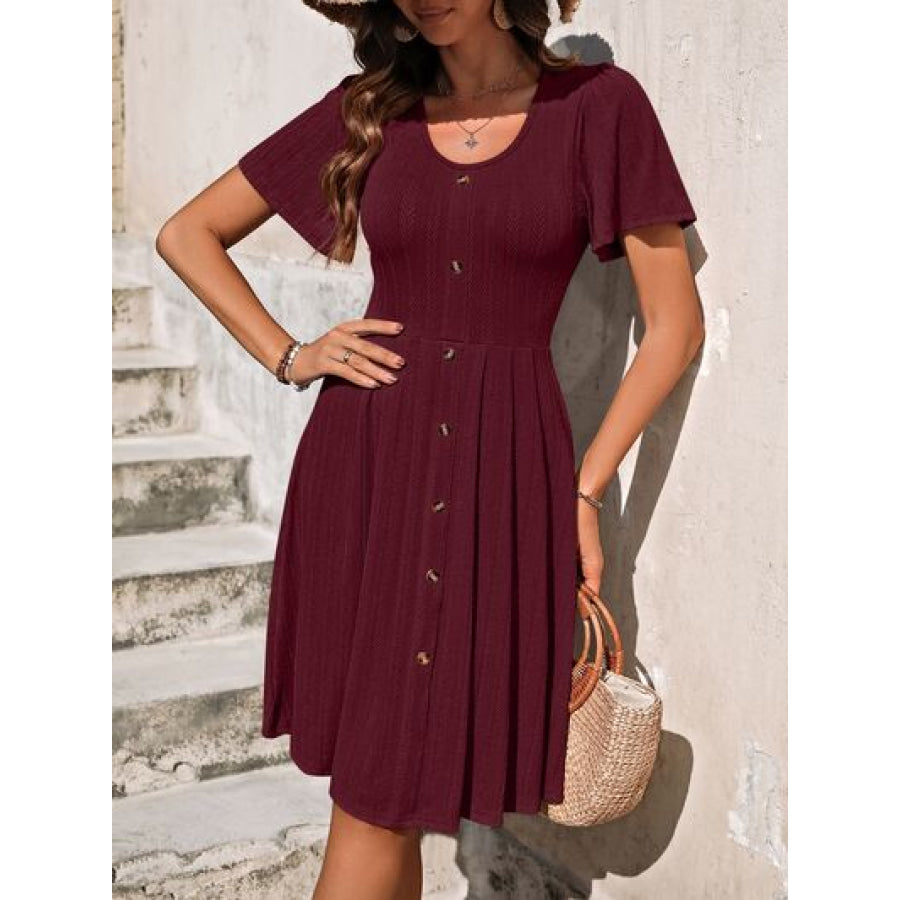 Decorative Button Scoop Neck Short Sleeve Dress Wine / S Apparel and Accessories