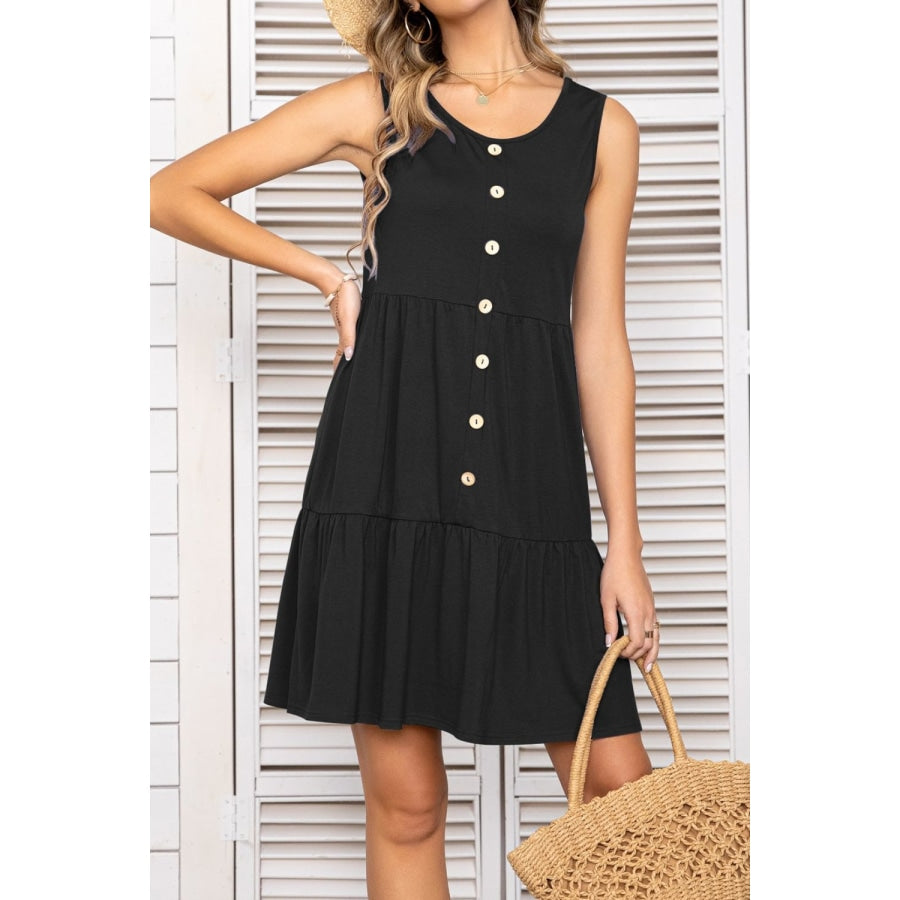 Decorative Button Scoop Neck Sleeveless Tiered Dress Black / S