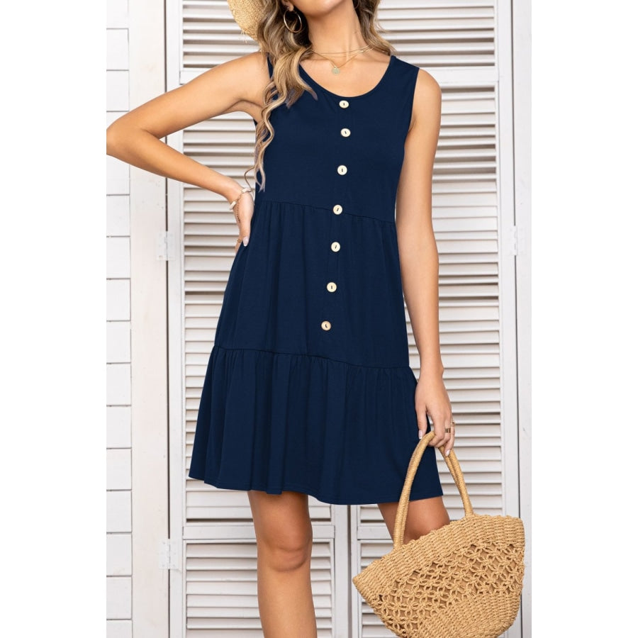 Decorative Button Scoop Neck Sleeveless Tiered Dress Dark Navy / L