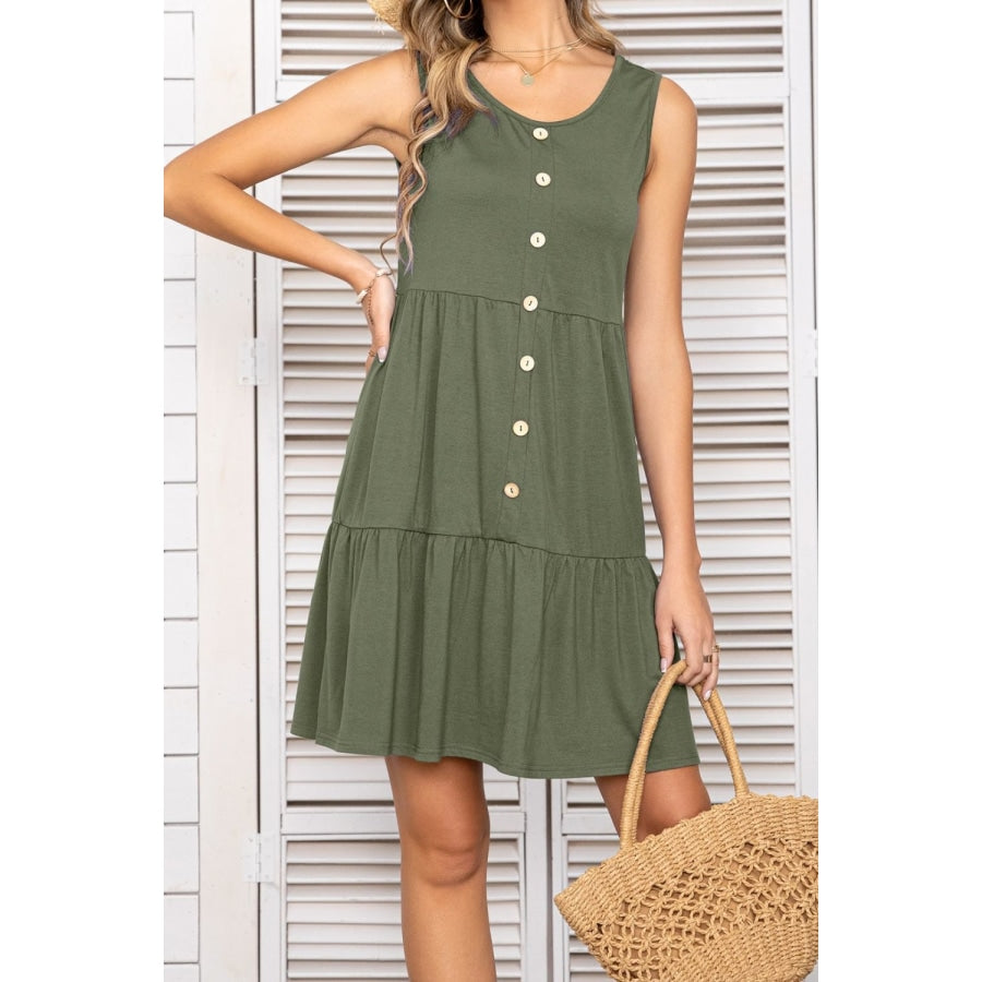 Decorative Button Scoop Neck Sleeveless Tiered Dress Moss / S