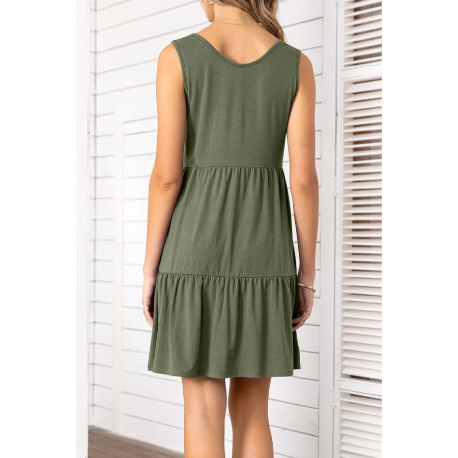 Decorative Button Scoop Neck Sleeveless Tiered Dress