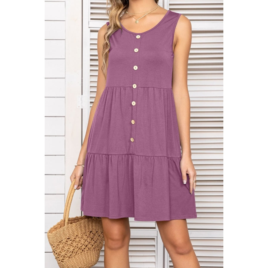 Decorative Button Scoop Neck Sleeveless Tiered Dress