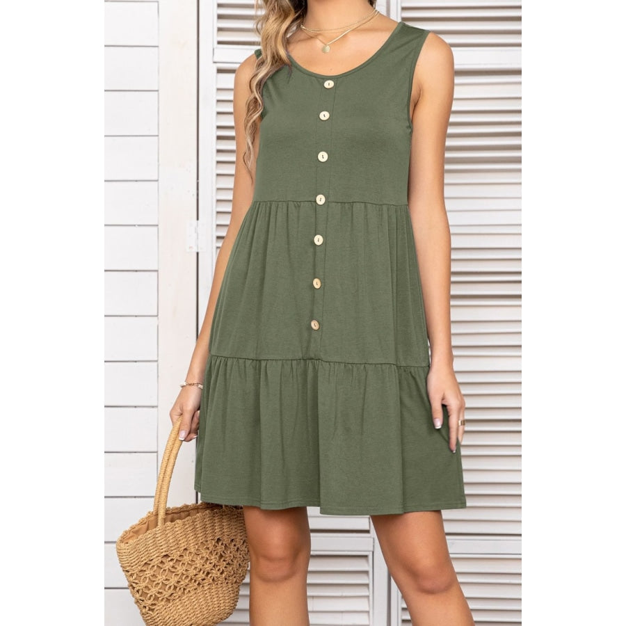 Decorative Button Scoop Neck Sleeveless Tiered Dress