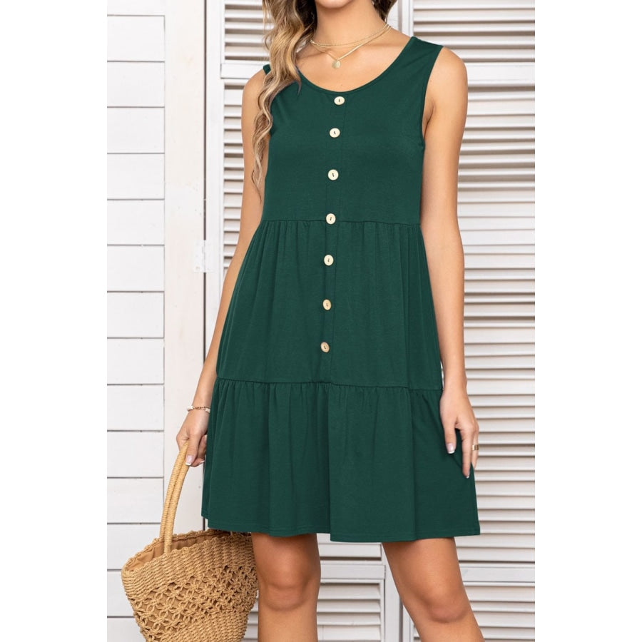 Decorative Button Scoop Neck Sleeveless Tiered Dress