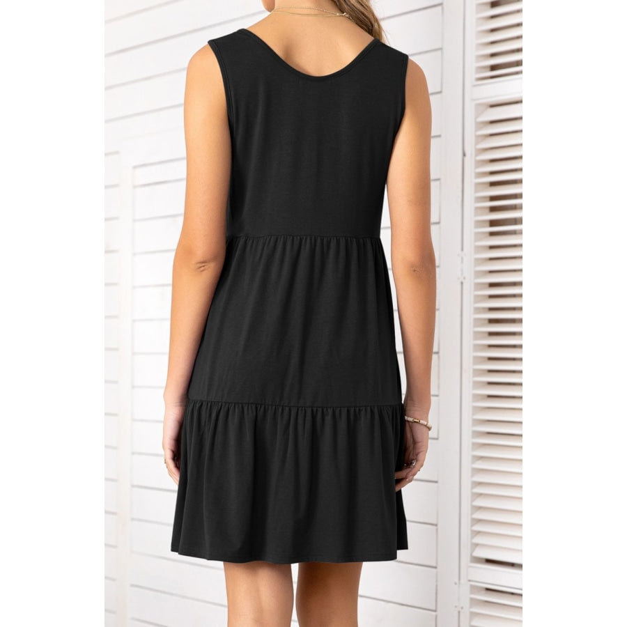 Decorative Button Scoop Neck Sleeveless Tiered Dress