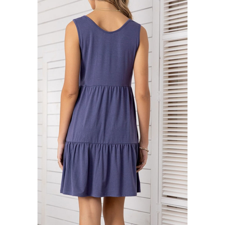 Decorative Button Scoop Neck Sleeveless Tiered Dress