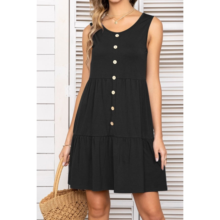 Decorative Button Scoop Neck Sleeveless Tiered Dress