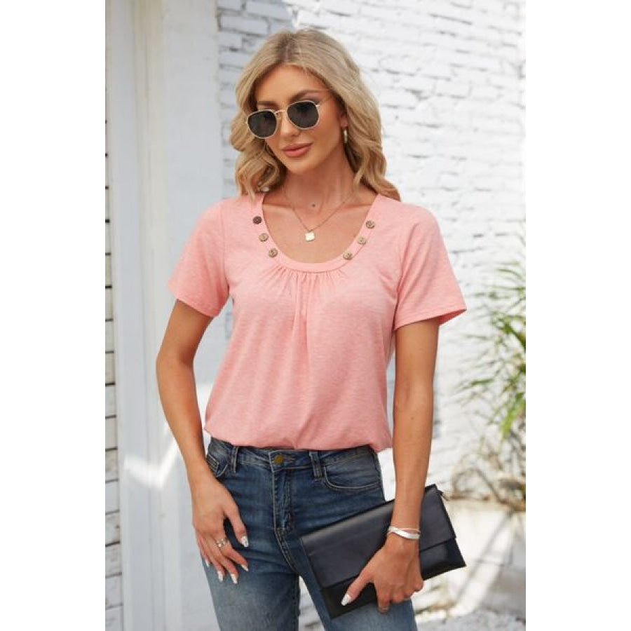 Decorative Button Scoop Neck T - Shirt Peach / S Apparel and Accessories