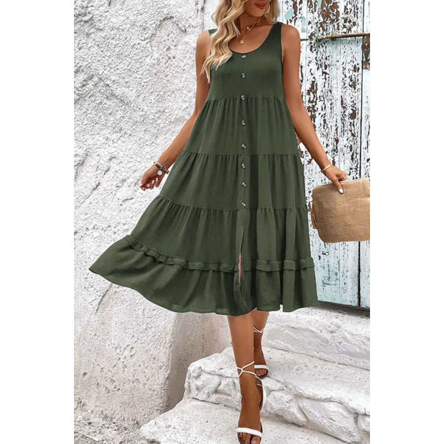 Decorative Button Scoop Neck Tiered Sleeveless Dress