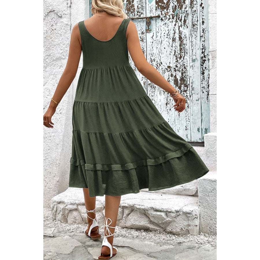 Decorative Button Scoop Neck Tiered Sleeveless Dress