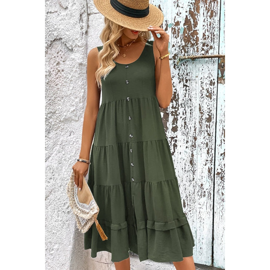 Decorative Button Scoop Neck Tiered Sleeveless Dress