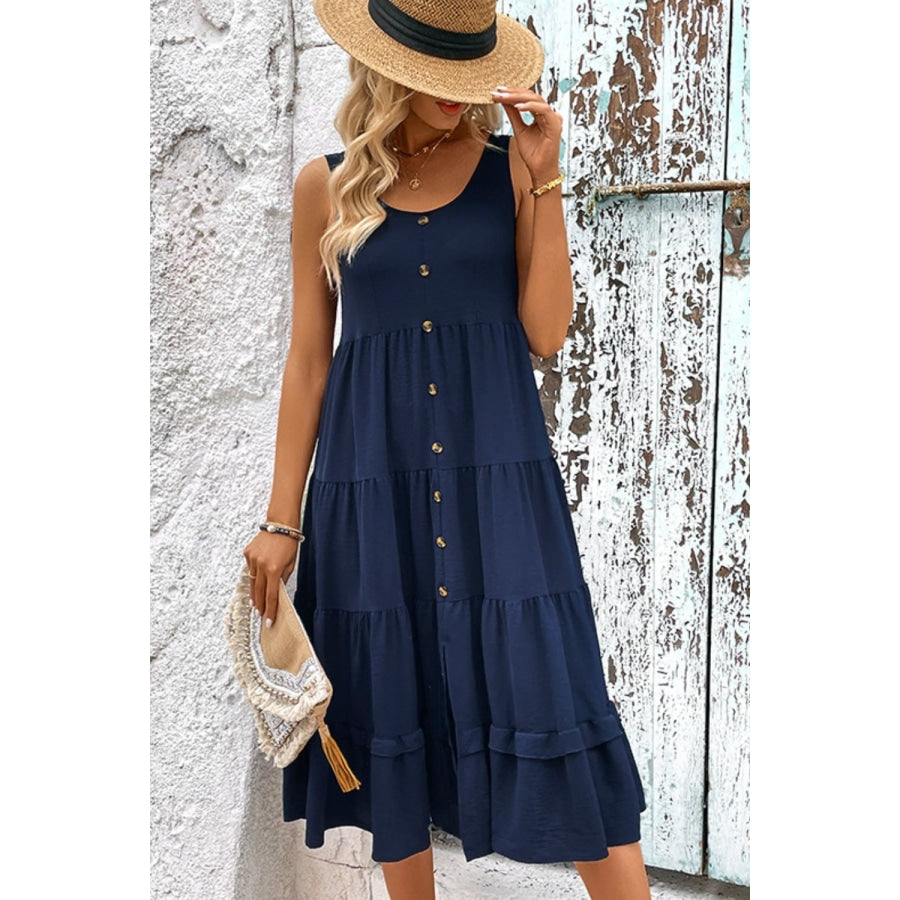 Decorative Button Scoop Neck Tiered Sleeveless Dress