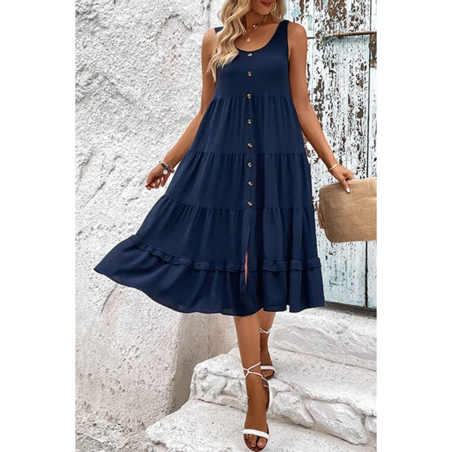 Decorative Button Scoop Neck Tiered Sleeveless Dress