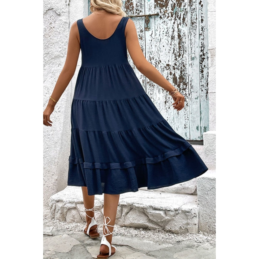 Decorative Button Scoop Neck Tiered Sleeveless Dress