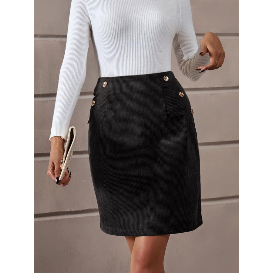 Decorative Button Slit Mini Skirt Apparel and Accessories