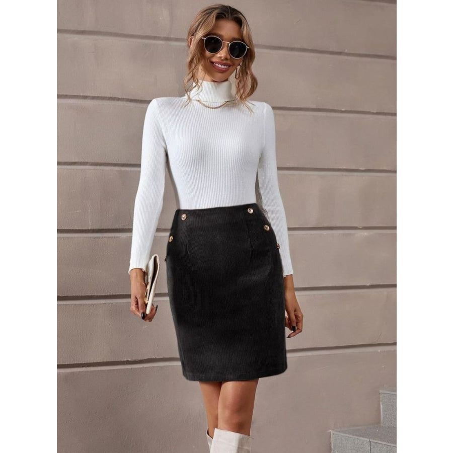 Decorative Button Slit Mini Skirt Apparel and Accessories