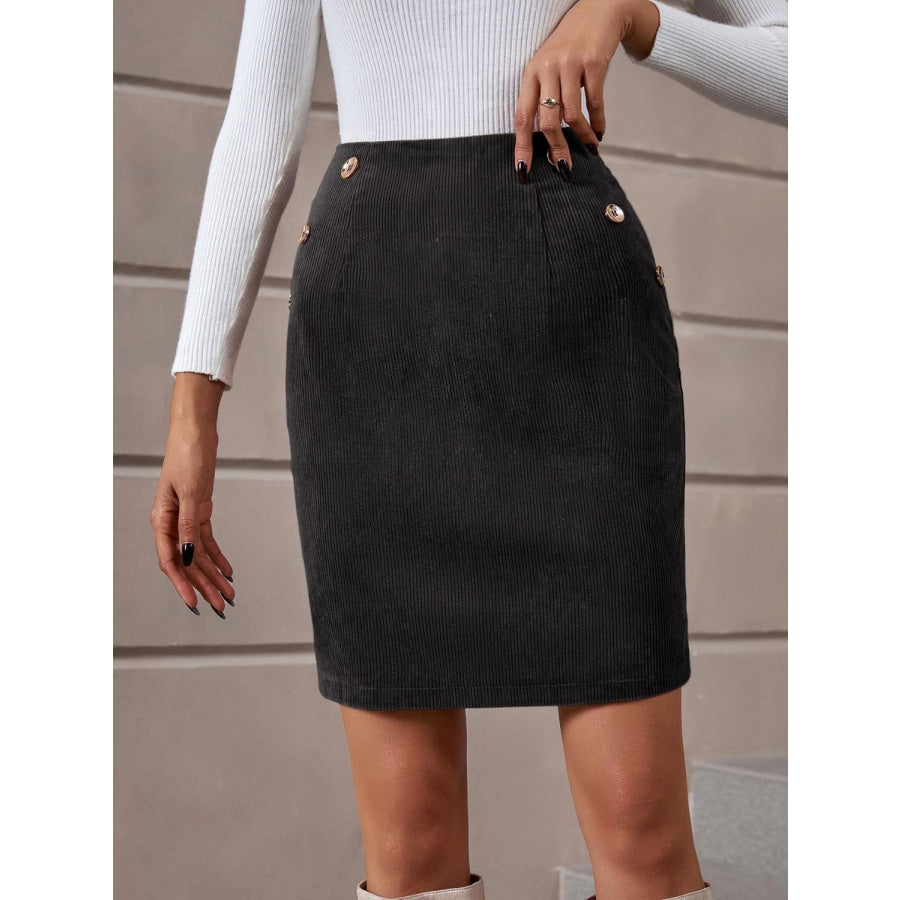 Decorative Button Slit Mini Skirt Black / S Apparel and Accessories