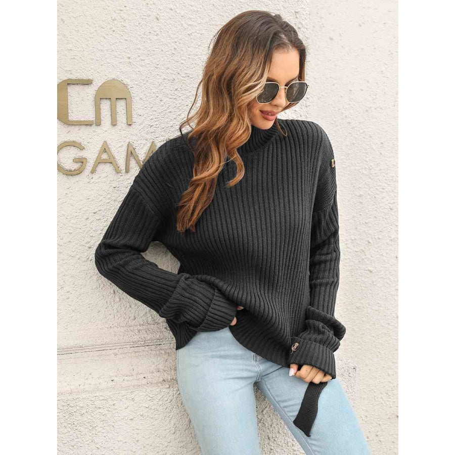 Decorative Button Slit Sweater