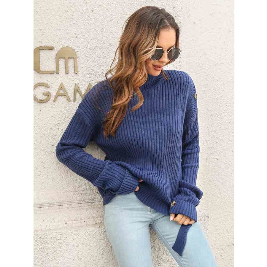 Decorative Button Slit Sweater