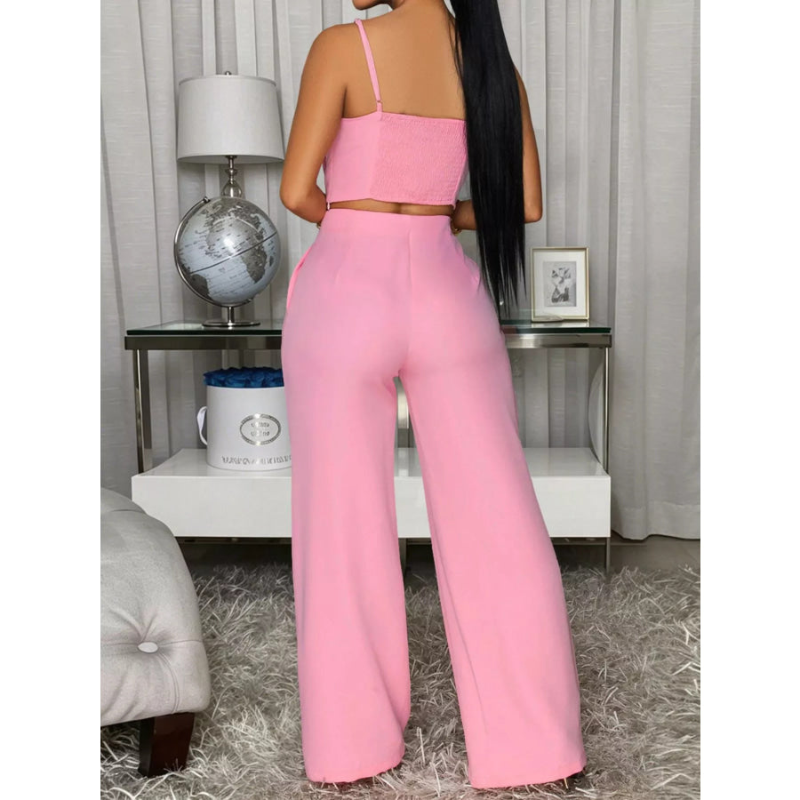 Decorative Button Smocked Back Cami and Wide Leg Pants Set Apparel Accessories