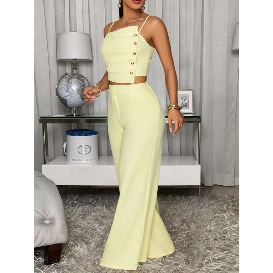 Decorative Button Smocked Back Cami and Wide Leg Pants Set Apparel Accessories
