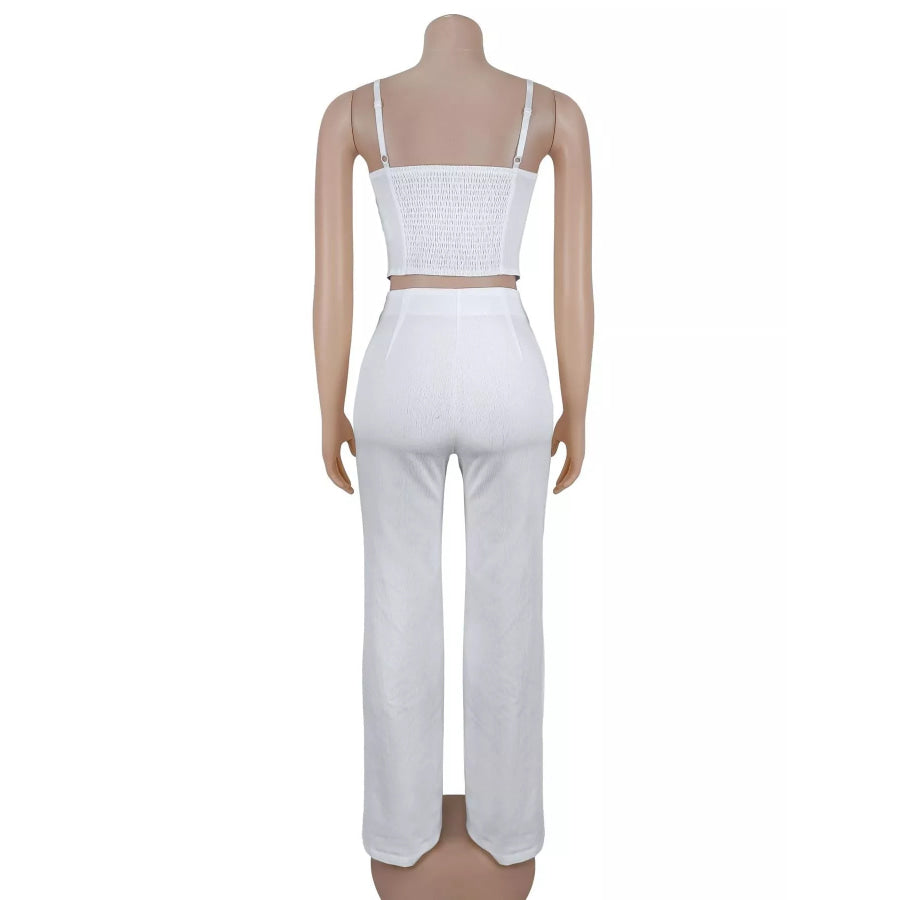 Decorative Button Smocked Back Cami and Wide Leg Pants Set Apparel Accessories