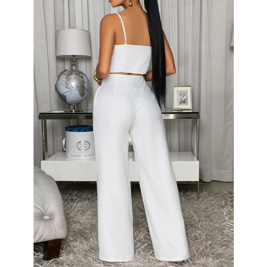 Decorative Button Smocked Back Cami and Wide Leg Pants Set Apparel Accessories