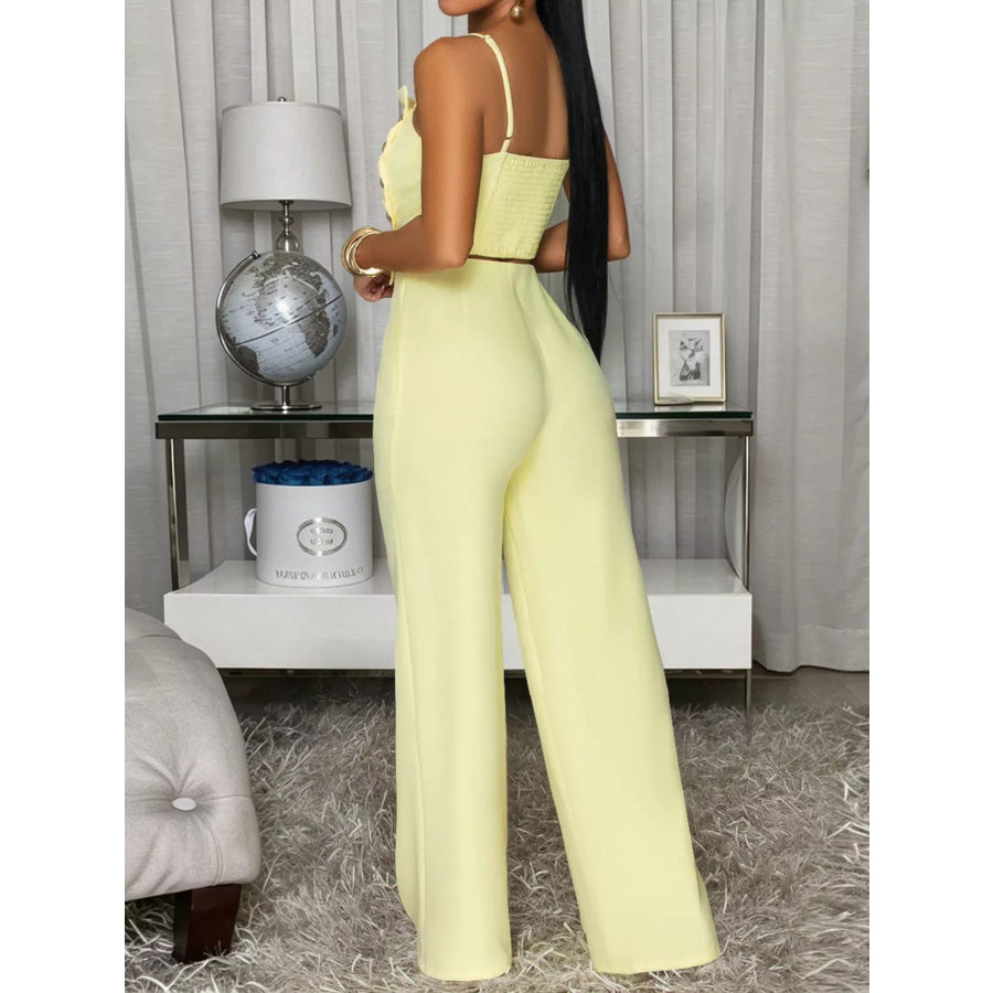 Decorative Button Smocked Back Cami and Wide Leg Pants Set Apparel Accessories