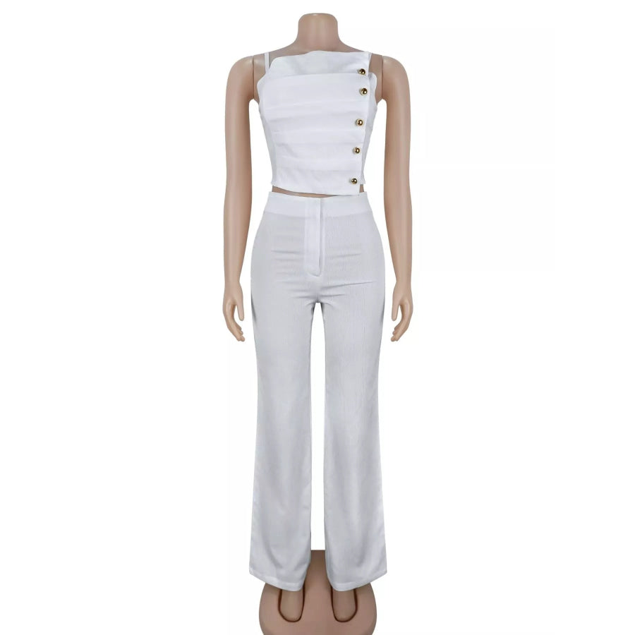 Decorative Button Smocked Back Cami and Wide Leg Pants Set Apparel Accessories