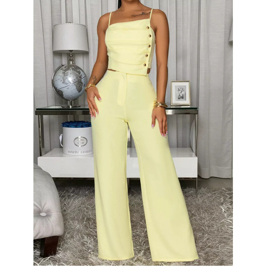 Decorative Button Smocked Back Cami and Wide Leg Pants Set Light Yellow / S Apparel Accessories