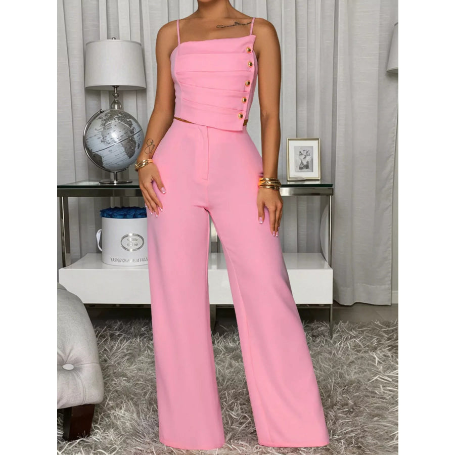Decorative Button Smocked Back Cami and Wide Leg Pants Set Pink / S Apparel Accessories