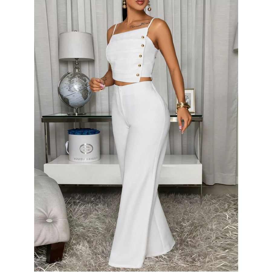Decorative Button Smocked Back Cami and Wide Leg Pants Set White / S Apparel Accessories
