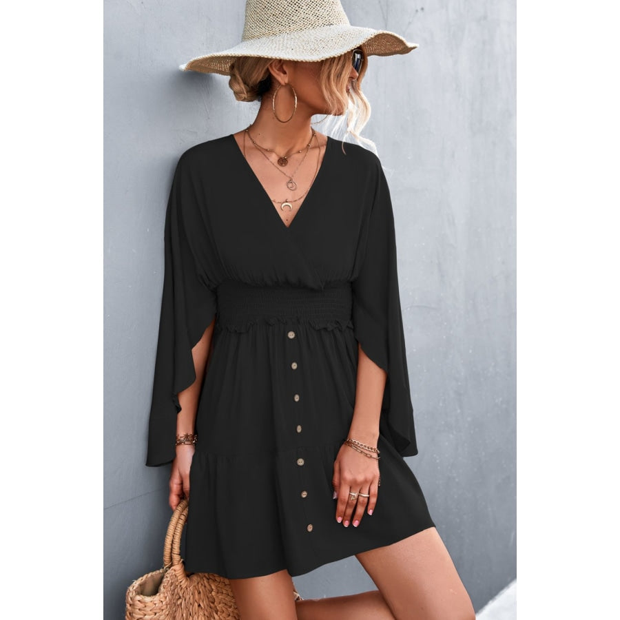 Decorative Button Smocked Waist Surplice Dress Black / S