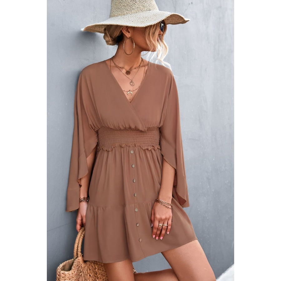 Decorative Button Smocked Waist Surplice Dress Brown / S