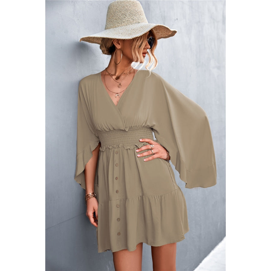 Decorative Button Smocked Waist Surplice Dress