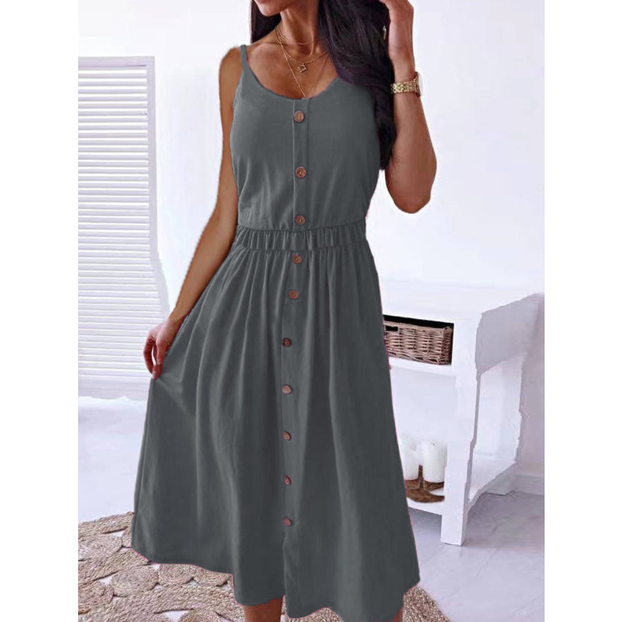 Decorative Button Spaghetti Strap Dress Charcoal / S Apparel and Accessories