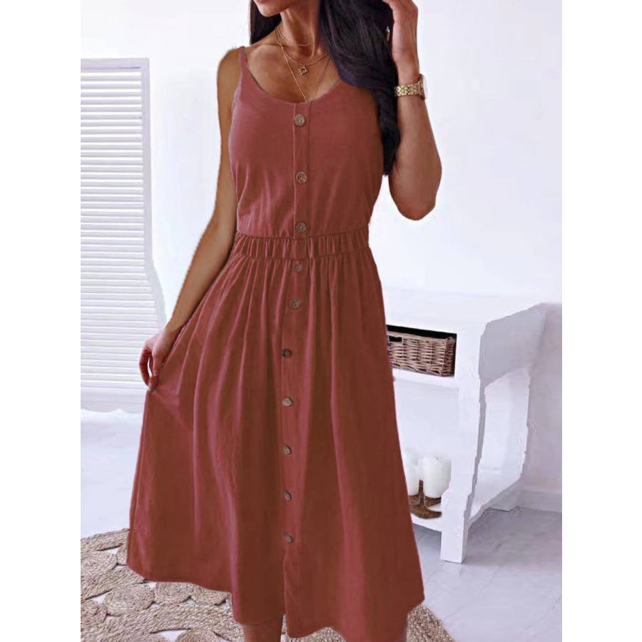 Decorative Button Spaghetti Strap Dress Chestnut / S Apparel and Accessories