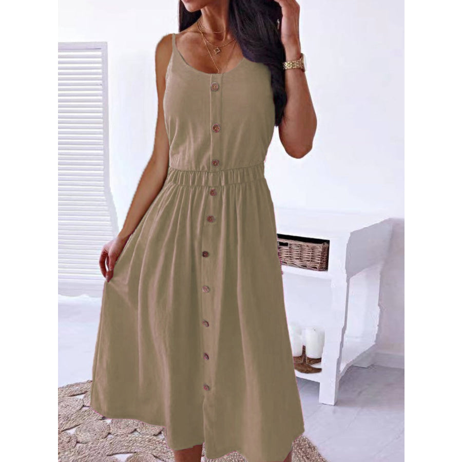 Decorative Button Spaghetti Strap Dress Khaki / S Apparel and Accessories