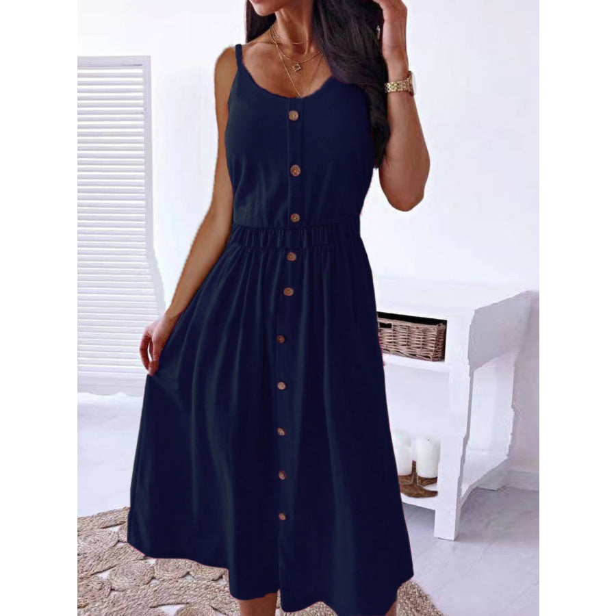 Decorative Button Spaghetti Strap Dress Navy / S Apparel and Accessories