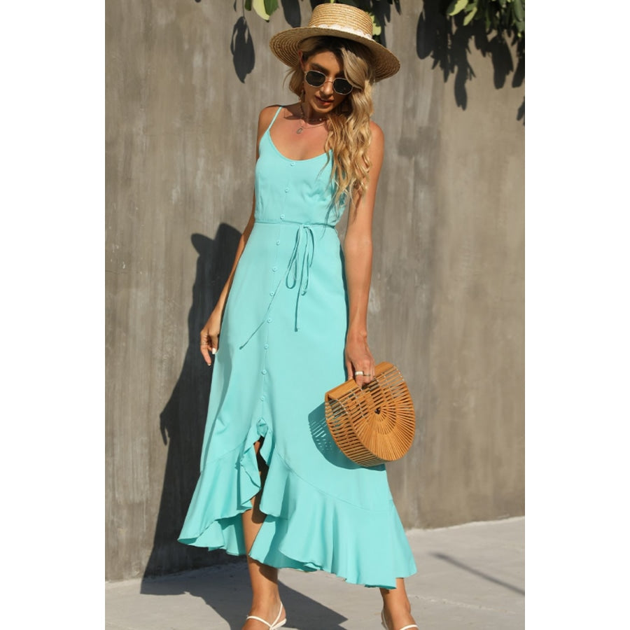 Decorative Button Spaghetti Strap Ruffle Hem Dress