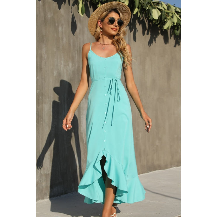 Decorative Button Spaghetti Strap Ruffle Hem Dress