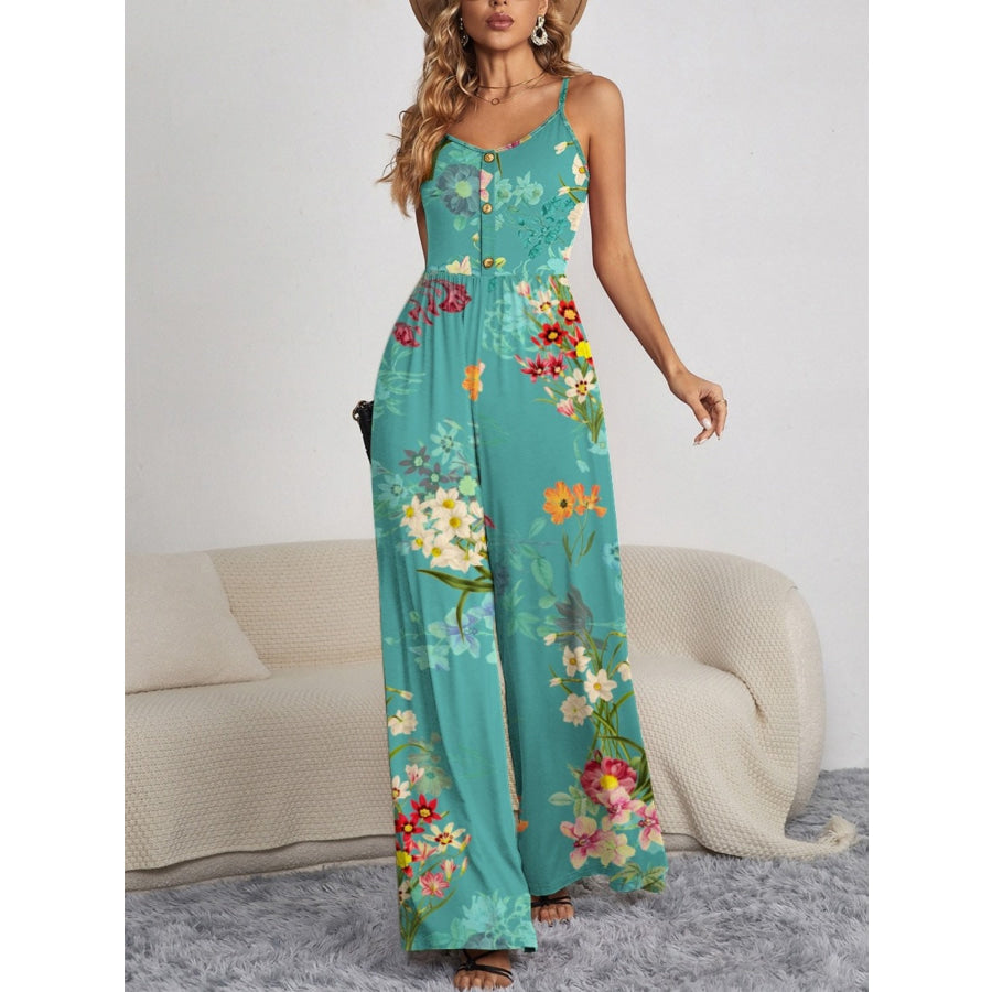 Decorative Button Spaghetti Strap Wide Leg Jumpsuit Teal / S Apparel and Accessories
