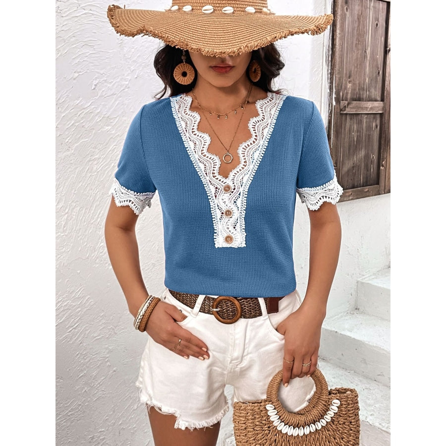 Decorative Button Spliced Lace Short Sleeve Top Azure / S