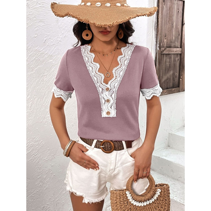 Decorative Button Spliced Lace Short Sleeve Top Lilac / S