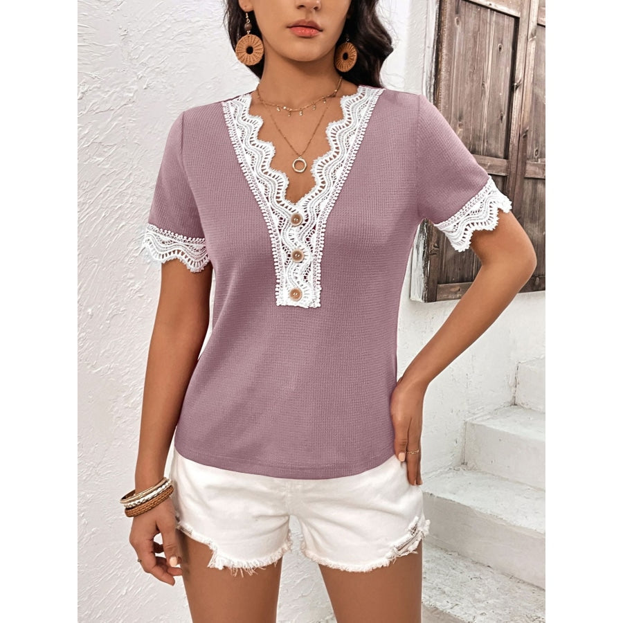 Decorative Button Spliced Lace Short Sleeve Top